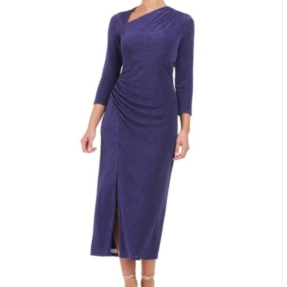 JS Collections Women's Purple Violeta Metallic Gathered Cocktail Midi Dress